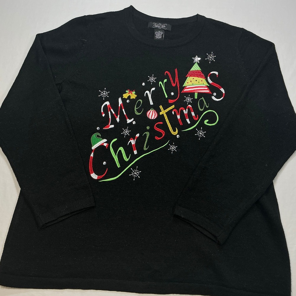 Crystal Kube Women's Black Merry Christmas Embroidered Sweater‎ Size XL - Picture 4 of 6